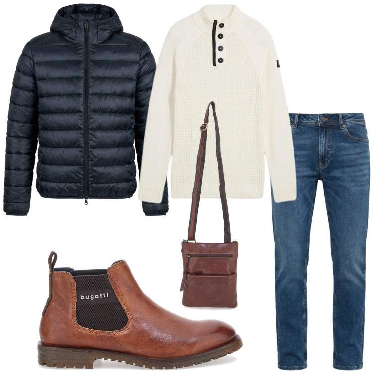 Outfit uomo - Abbigliamento quotidiano. Stile Trendy per Tutti i giorni. Abbinamento con maglieria, jeans, piumini, stivali e stivaletti, portafogli.