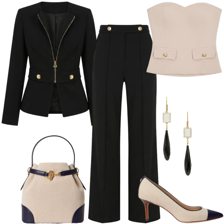 Outfit donna - Una splendida giornata. Stile Chic per Serata fuori. Abbinamento con pantaloni, blazer, top, décolleté, orecchini, borse a secchiello.