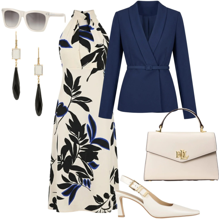 Outfit donna - Total look #2376467. Stile Chic per Tutti i giorni. Abbinamento con décolleté, blazer, vestiti midi/longuette, occhiali da sole, orecchini, borse a mano.