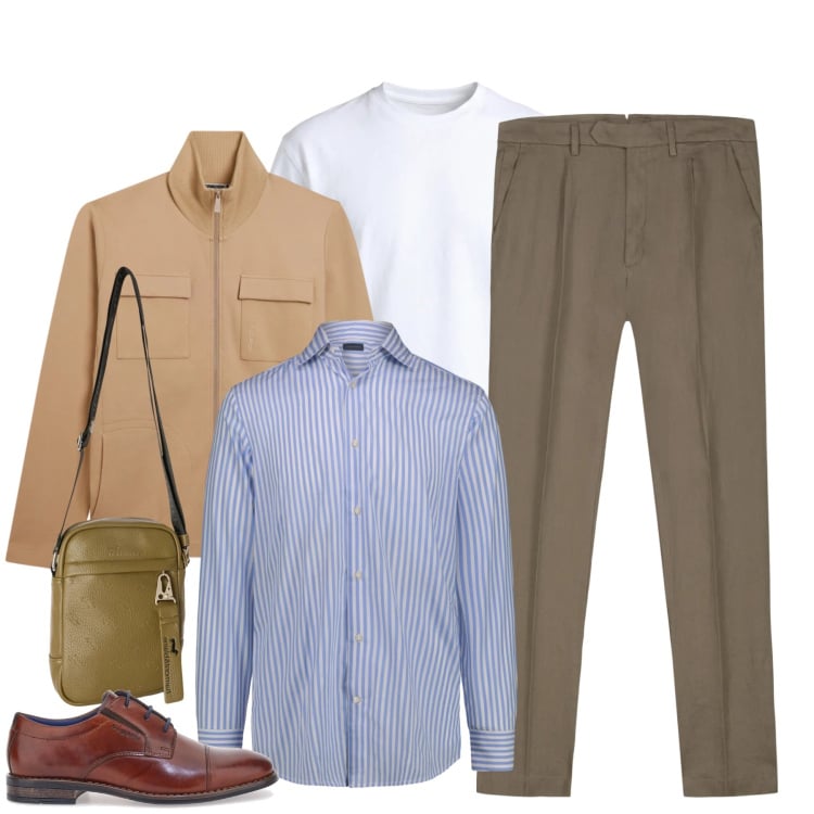 Outfit uomo - Sabbia e Oltremare. Stile Trendy per Ufficio. Abbinamento con borse sportive, t-shirt, felpe, scarpe stringate, pantaloni, camicie.