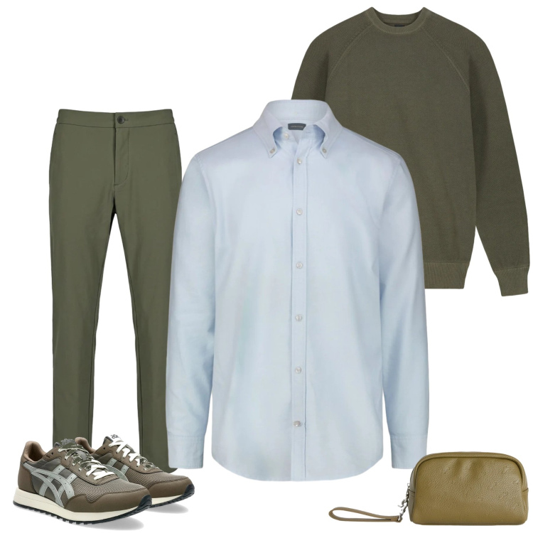 Outfit uomo - Urban Safari. Stile Casual per Ufficio. Abbinamento con borse sportive, pantaloni, sneakers, camicie, maglieria.