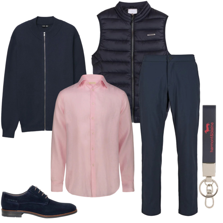 Outfit uomo - Navy & Petalo. Stile Urban per Ufficio. Abbinamento con portachiavi, piumini, pantaloni, scarpe stringate, camicie, cardigans.