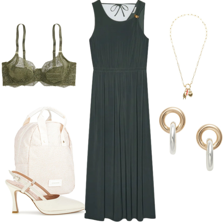 Outfit donna - Eleganza Botanica. Stile Casual chic per Ufficio. Abbinamento con zaini, vestiti lunghi, ciondoli, orecchini, reggiseni, décolleté.