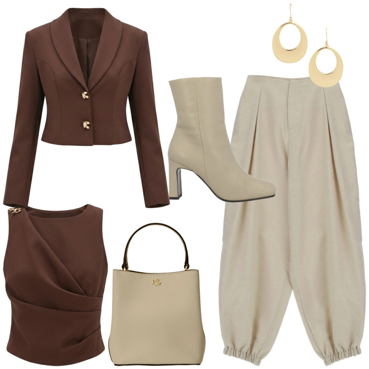 Outfit donna - Super trendy in ufficio. Stile Trendy per Ufficio. Abbinamento con stivaletti, pantaloni, top, blazer, borse a secchiello, orecchini.
