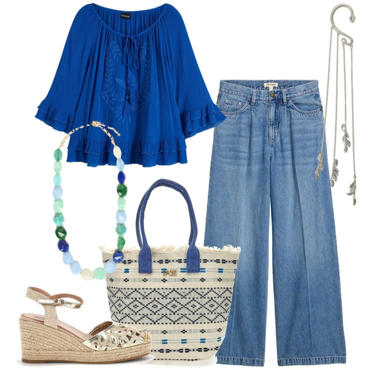 Outfit donna - Total look #2376481. Stile Boho per Tutti i giorni. Abbinamento con tuniche, jeans, collane, orecchini, borse a mano, zeppe.