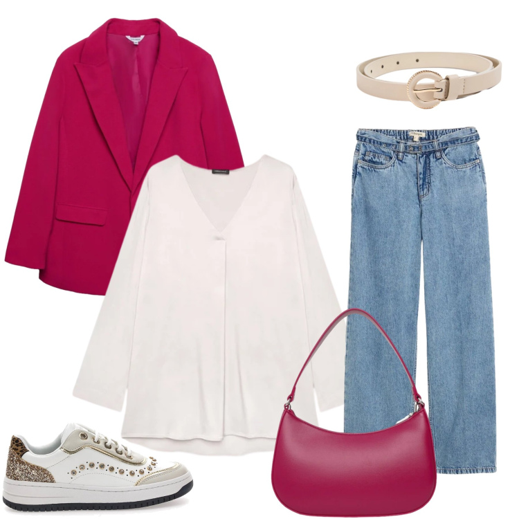 Outfit donna - Vibrazioni Urban-Chic. Stile Casual chic per Ufficio. Abbinamento con jeans dritti, bluse, sneakers, blazer, borse a tracolla, cinture.