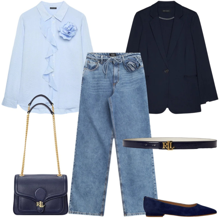 Outfit donna - Curvy jeans. Stile Casual chic per Ufficio. Abbinamento con camicie, blazer, jeans, ballerine, borse a spalla, cinture.
