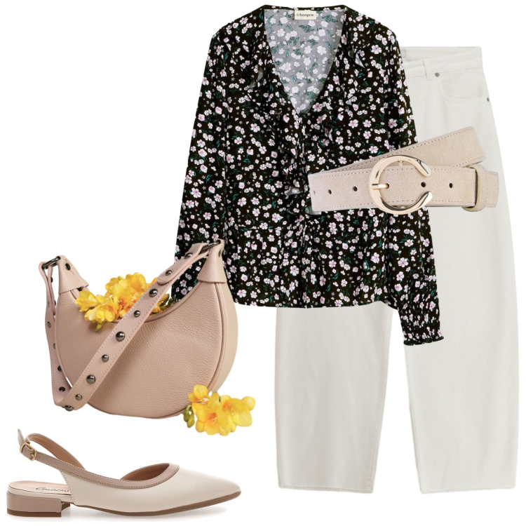 Outfit donna - Idee per aprile. Stile Romantica per Tutti i giorni. Abbinamento con cinture, bluse, jeans, borse a spalla, ballerine.