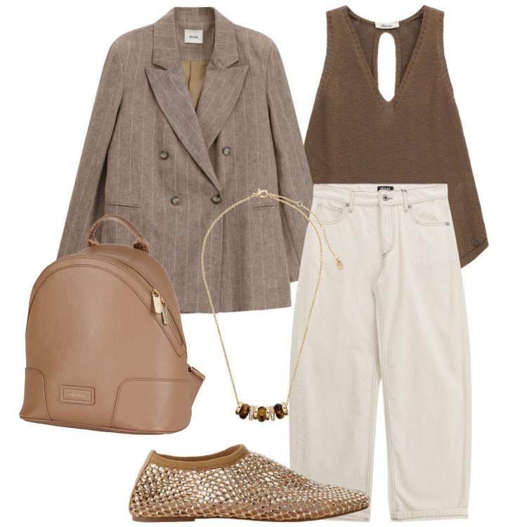 Outfit donna - La primavera chiama. Stile Casual chic per Ufficio. Abbinamento con zaini, blazer, ballerine, pantaloni, top, collane.