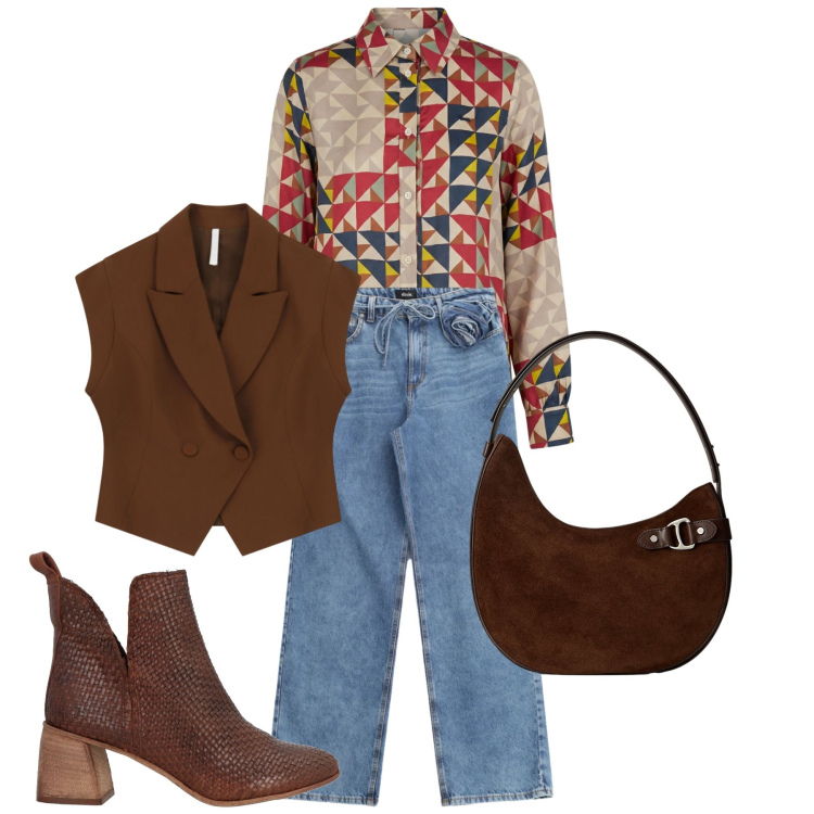 Outfit donna - Aprile. Stile Casual chic per Tutti i giorni. Abbinamento con stivaletti, gilet, jeans, camicie, borse a spalla.