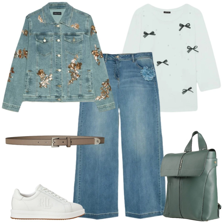 Outfit donna - Fiorella Rubino. Stile Casual chic per Tutti i giorni. Abbinamento con zaini, blazer, jeans, t-shirt, sneakers, cinture.