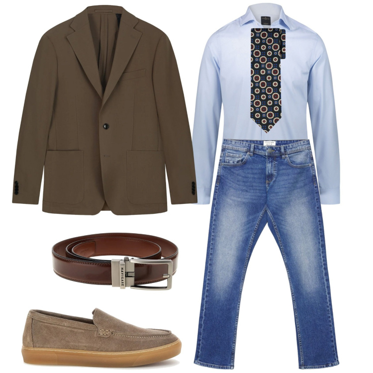 Outfit uomo - Total look #2376494. Stile Casual per Tutti i giorni. Abbinamento con camicie, cravatte, giacche, jeans, cinture, scarpe stringate.