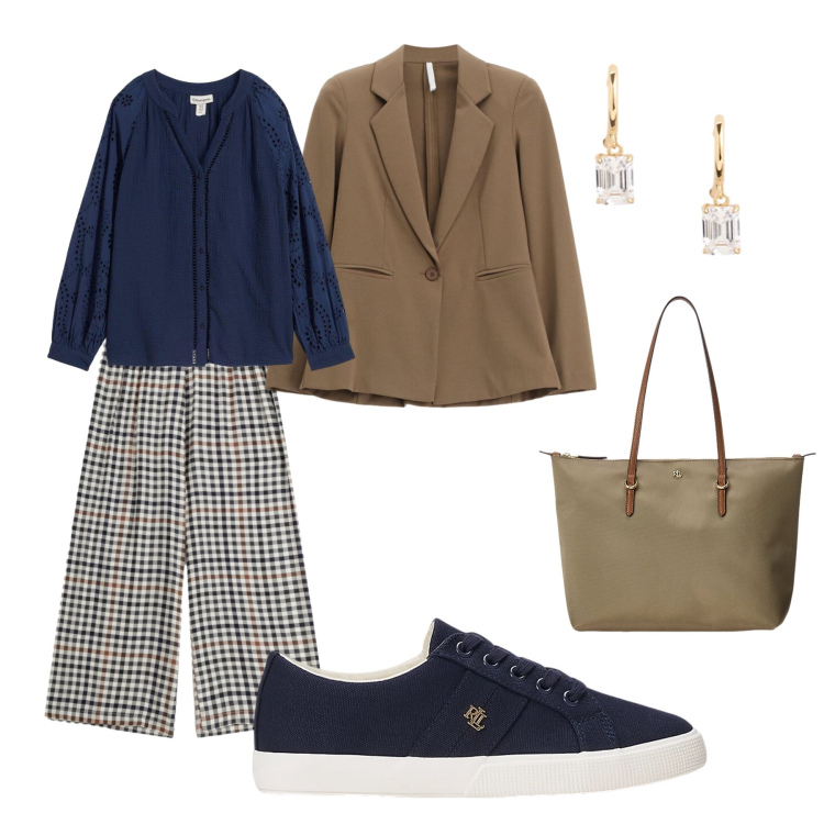 Outfit donna - Il Quadretto. Stile Casual chic per Ufficio. Abbinamento con tuniche, pantaloni a palazzo, blazer, borse tote, sneakers, orecchini.