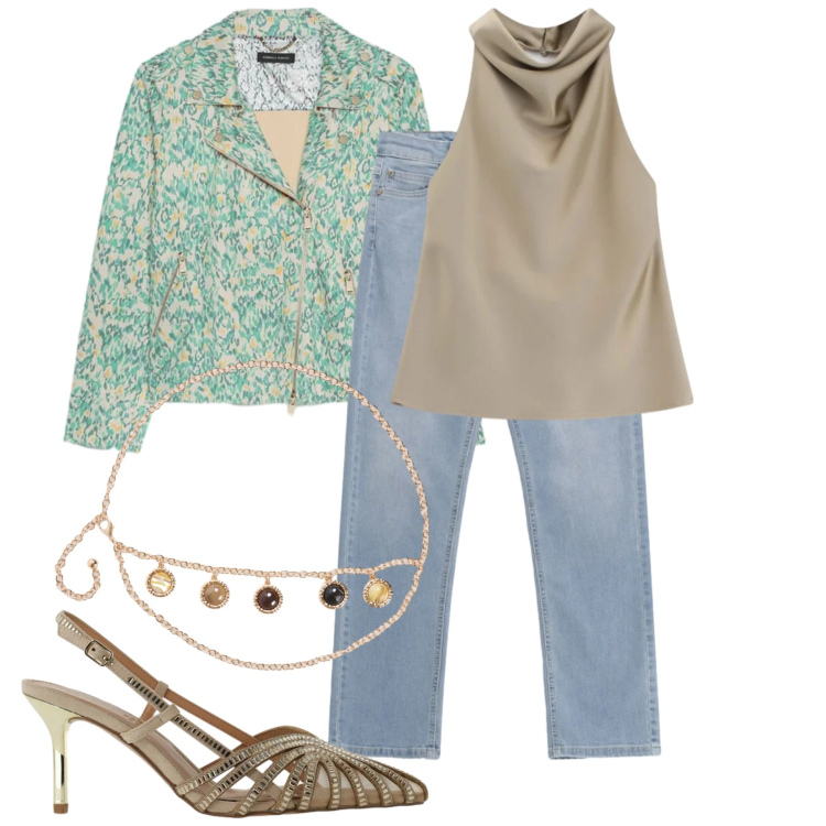 Outfit donna - Primavera. Stile Bon Ton per Tutti i giorni. Abbinamento con blazer, top, décolleté, jeans, cinture.