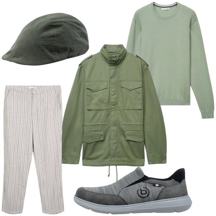 Outfit uomo - Capospalla multitasking. Stile Trendy per Tutti i giorni. Abbinamento con pantaloni chino, cappelli con visiera, cappotti, maglieria, scarpe stringate.