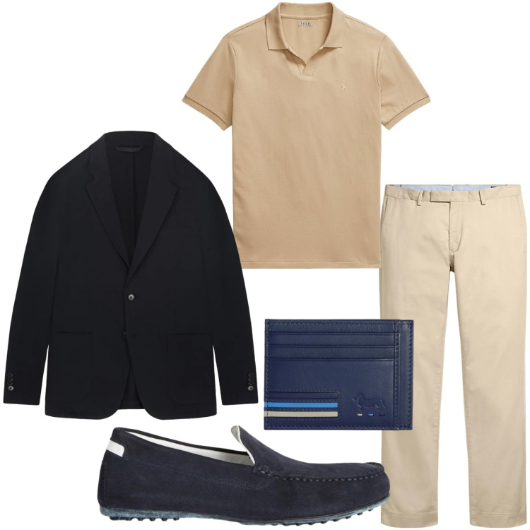 Outfit uomo - Tonalità blu notte e sabbia. Stile Casual per Tutti i giorni. Abbinamento con scarpe stringate, portafogli, pantaloni chino, polo, giacche.