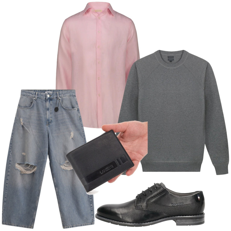 Outfit uomo - Look di tendenza. Stile Casual per Tutti i giorni. Abbinamento con jeans strappati, camicie, portafogli, maglieria, scarpe stringate.