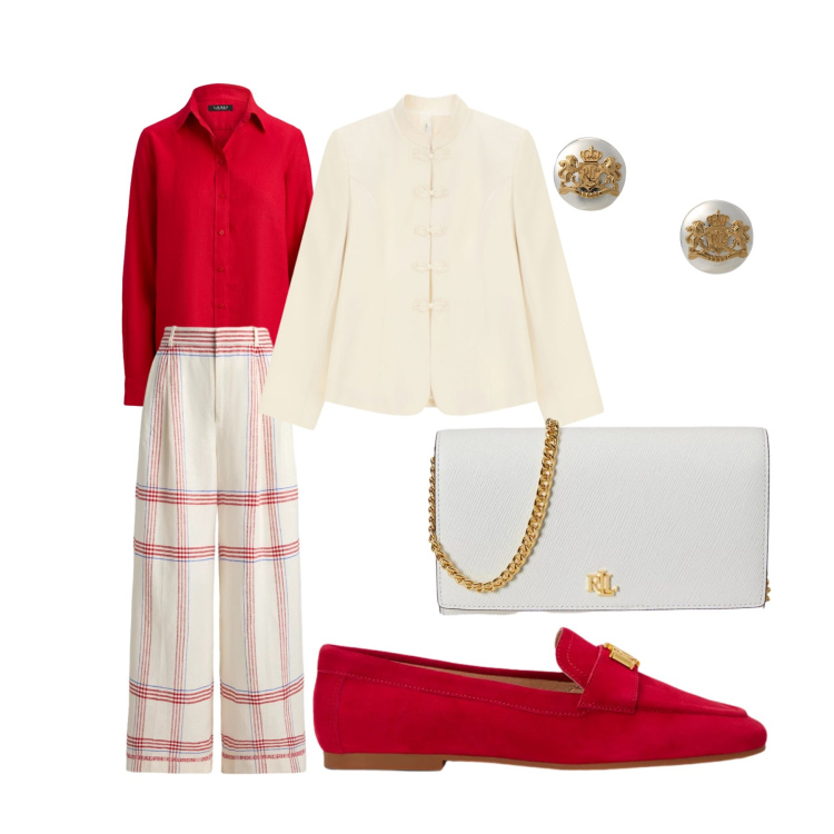 Outfit donna - La comunione di Livia. Stile Chic per Cerimonia. Abbinamento con blazer, pantaloni, orecchini, camicie, mocassini, borse a tracolla.