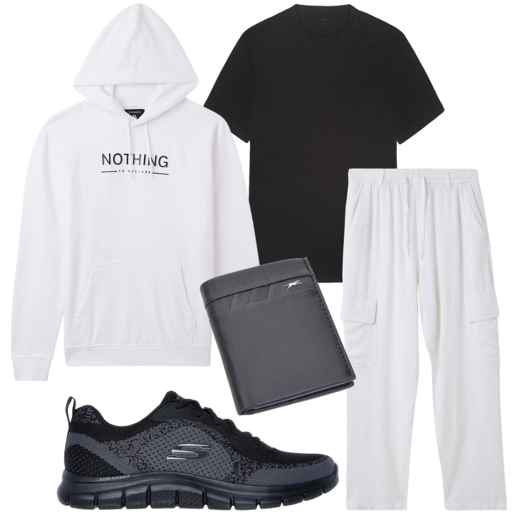 Outfit uomo - Black and white. Stile Trendy per Tutti i giorni. Abbinamento con felpe con cappuccio, portafogli, pantaloni cargo, sneakers, t-shirt.