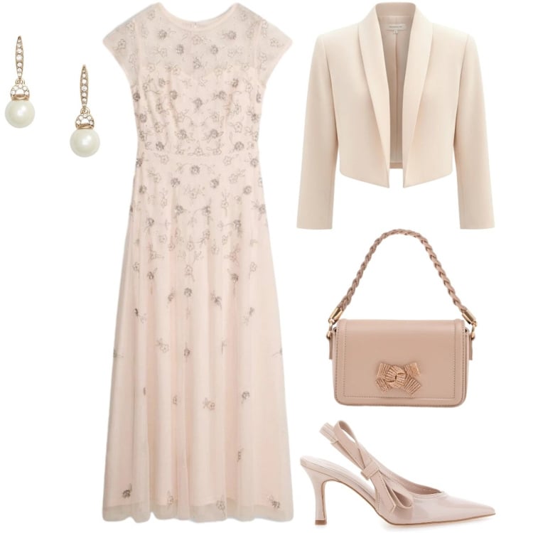 Outfit donna - Il vestito rosa con paillettes. Stile Romantica per Cerimonia. Abbinamento con vestiti lunghi, pochette, bolero, orecchini, décolleté.