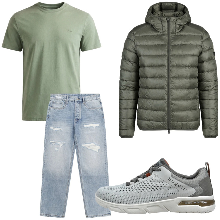 Outfit uomo - Versatile. Stile Casual per Tutti i giorni. Abbinamento con t-shirt, jeans strappati, giacche, sneakers.