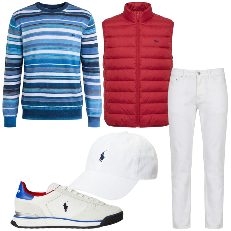 Outfit uomo - Righe e sneakers. Stile Casual per Tutti i giorni. Abbinamento con pullovers, pantaloni, piumini, cappelli, sneakers.