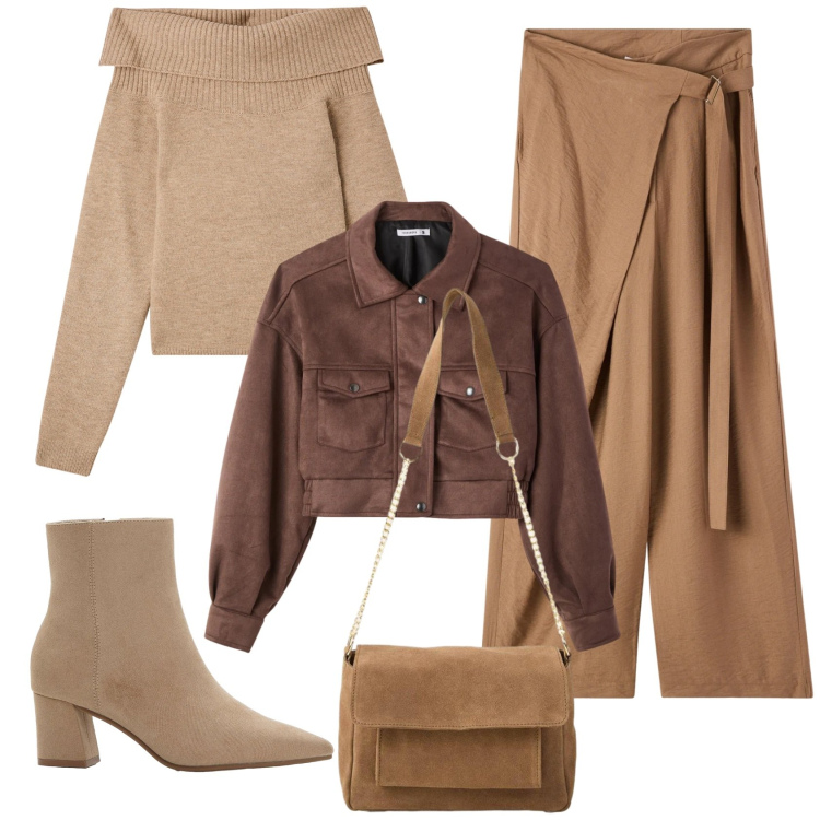 Outfit donna - Total look #2376519. Stile Trendy per Ufficio. Abbinamento con stivaletti, borse a tracolla, maglieria, pantaloni, bomber.