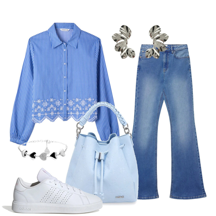 Outfit donna - Sfumature di blu. Stile Casual per Tutti i giorni. Abbinamento con orecchini, braccialetti, borse a secchiello, jeans a zampa, camicie, sneakers.
