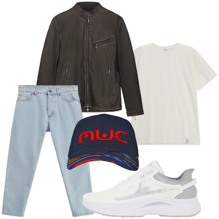 Outfit uomo - Capi di stagione. Stile Casual per Tutti i giorni. Abbinamento con t-shirt, jeans, sneakers, cappelli con visiera, giacche.