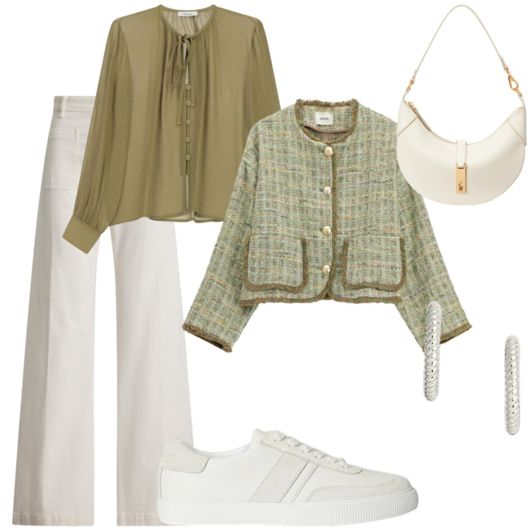 Outfit donna - Penelope Fetherington 2.0. Stile Casual chic per Serata fuori. Abbinamento con blazer, camicie, orecchini, sneakers, borse a spalla, jeans.