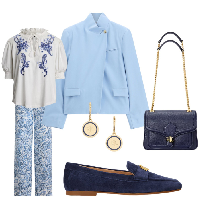 Outfit donna - Il completo fantasia. Stile Casual chic per Serata fuori. Abbinamento con blazer, mocassini, borse a spalla, orecchini, pantaloni, bluse.