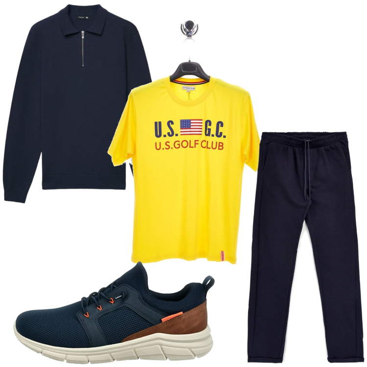 Outfit uomo - Touch yellow. Stile Casual per Tutti i giorni. Abbinamento con t-shirt, maglieria, pantaloni, sneakers.