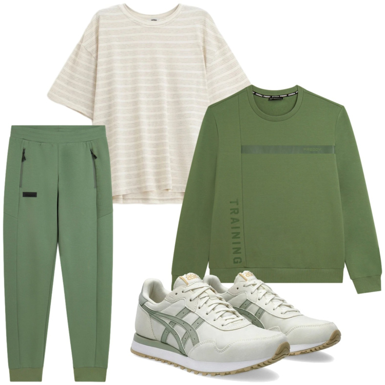 Outfit uomo - Tonalità green. Stile Casual per Tutti i giorni. Abbinamento con t-shirt, pantaloni, felpe, sneakers.