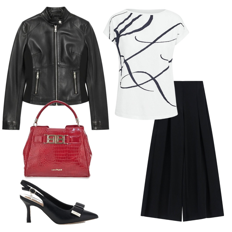 Outfit donna - Rosso nero. Stile Casual chic per Ufficio. Abbinamento con pantaloni a palazzo, giacche, maglieria, borse a mano, décolleté.