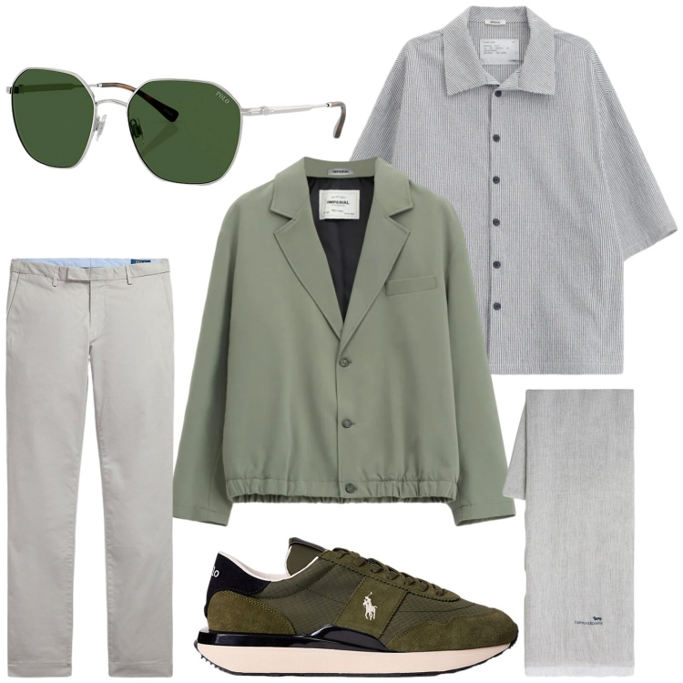 Outfit uomo - Colori di stagione. Stile Trendy per Tutti i giorni. Abbinamento con sciarpe, camicie a manica corta, giacche, sneakers, occhiali da sole, pantaloni.