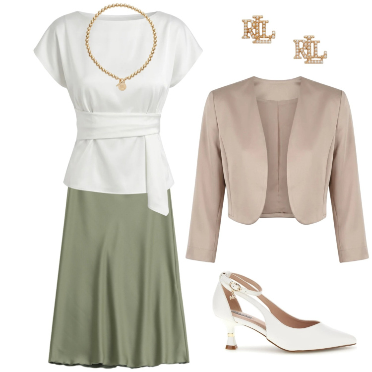 Outfit donna - Chic con carattere. Stile Casual chic per Cerimonia. Abbinamento con blazer, bluse, gonne lunghe, collane, orecchini, décolleté.