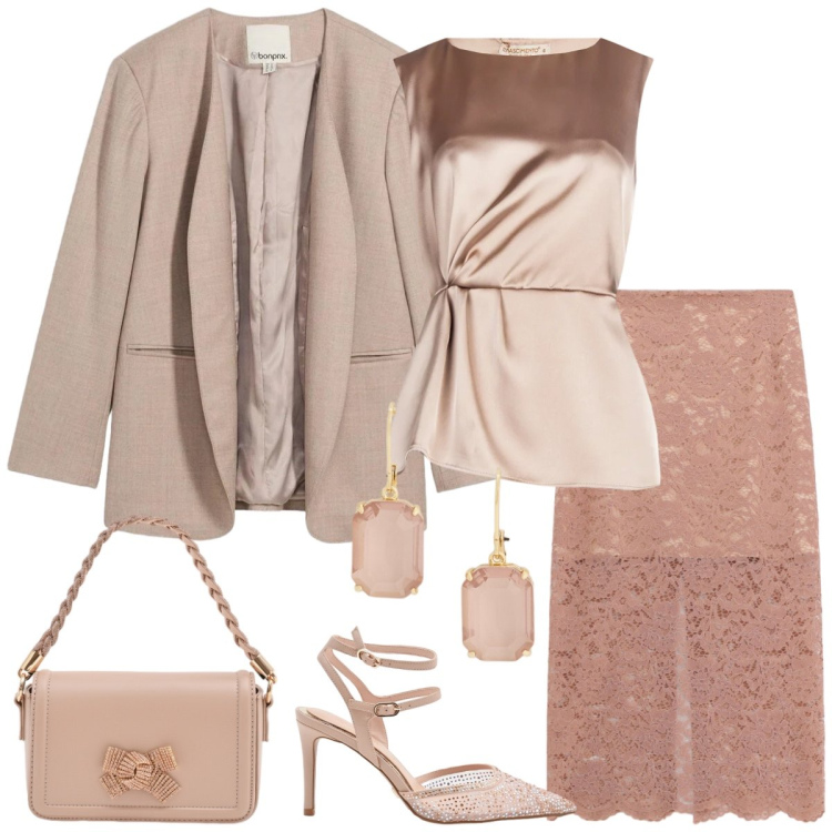 Outfit donna - Cerimonia. Stile Chic per Cerimonia. Abbinamento con blazer, gonne longuette, bluse, pochette, décolleté, orecchini.