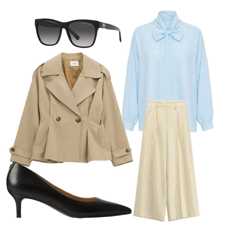 Outfit donna - Aprile ufficio. Stile Mannish per Ufficio. Abbinamento con blazer, pantaloni a palazzo, camicie, occhiali da sole, décolleté.