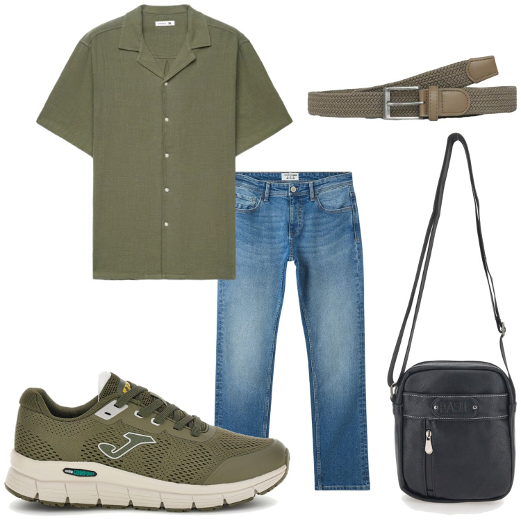 Outfit uomo - Verde scuro casual. Stile Casual per Tutti i giorni. Abbinamento con jeans, portafogli, cinture, camicie a manica corta, sneakers.
