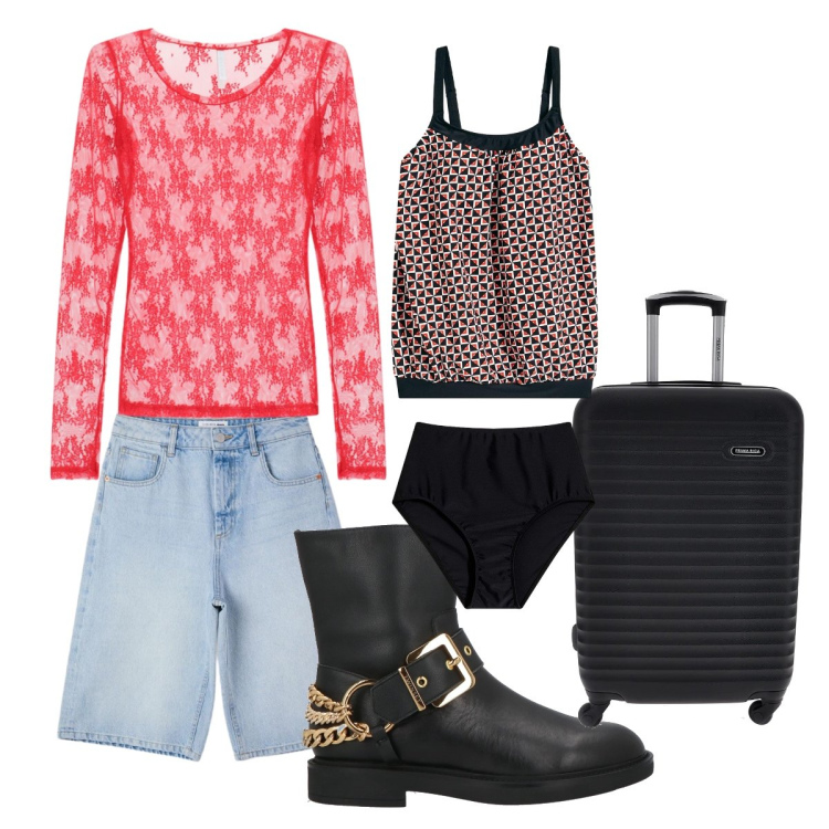 Outfit donna - Parto per il mare. Stile Urban per Mare. Abbinamento con stivaletti, costumi interi, top, bermuda, valigie.