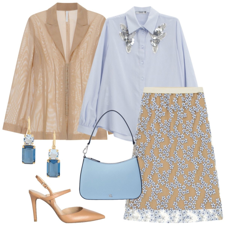 Outfit donna - Cerimonia. Stile Chic per Cerimonia. Abbinamento con décolleté, camicie, blazer, gonne longuette, borse a spalla, orecchini.