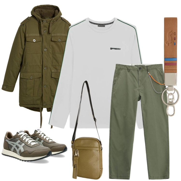 Outfit uomo - Urban Explorer. Stile Urban per Tutti i giorni. Abbinamento con parka, portachiavi, borse sportive, pantaloni, t-shirt, sneakers.