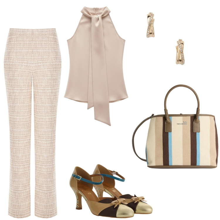 Outfit donna - Outfit esclusivo champagne. Stile Casual chic per Cerimonia. Abbinamento con top, pantaloni a palazzo, décolleté, shopping bag, orecchini.