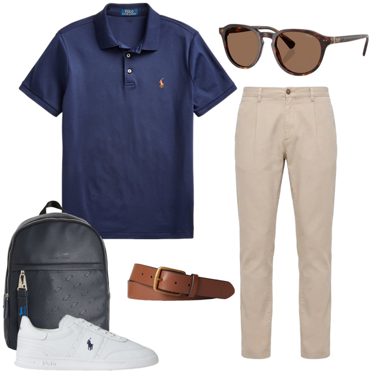 Outfit uomo - L\'Essenza del Casual. Stile Casual per Ufficio. Abbinamento con borse sportive, pantaloni, cinture, polo, occhiali da sole, sneakers.