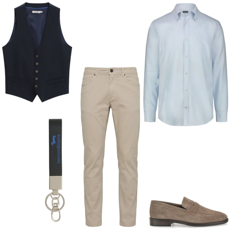 Outfit uomo - Total look #2376567. Stile Casual per Ufficio. Abbinamento con gilet, portachiavi, pantaloni, scarpe stringate, camicie.