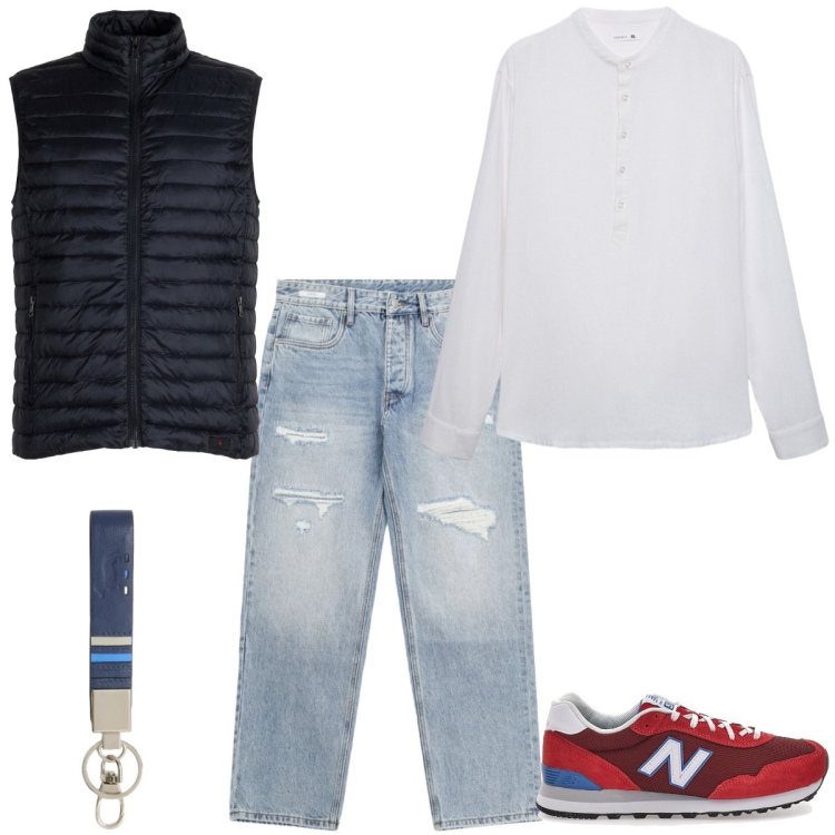 Outfit uomo - Total look #2376572. Stile Casual per Tutti i giorni. Abbinamento con camicie, jeans strappati, portachiavi, piumini, sneakers.