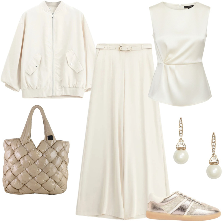 Outfit donna - Cloud dancer. Stile Sporty chic per Tutti i giorni. Abbinamento con sneakers, bomber, pantaloni a palazzo, bluse, orecchini, borse tote.