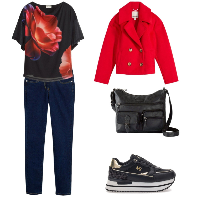 Outfit donna - Passion red. Stile Casual per Ufficio. Abbinamento con bluse, borse a tracolla, blazer, jeans slim fit, sneakers.