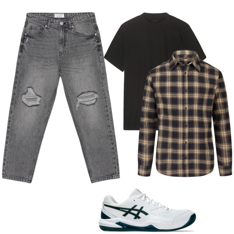 Outfit uomo - Pic nic. Stile Casual per Tutti i giorni. Abbinamento con camicie, sneakers, jeans strappati, t-shirt.
