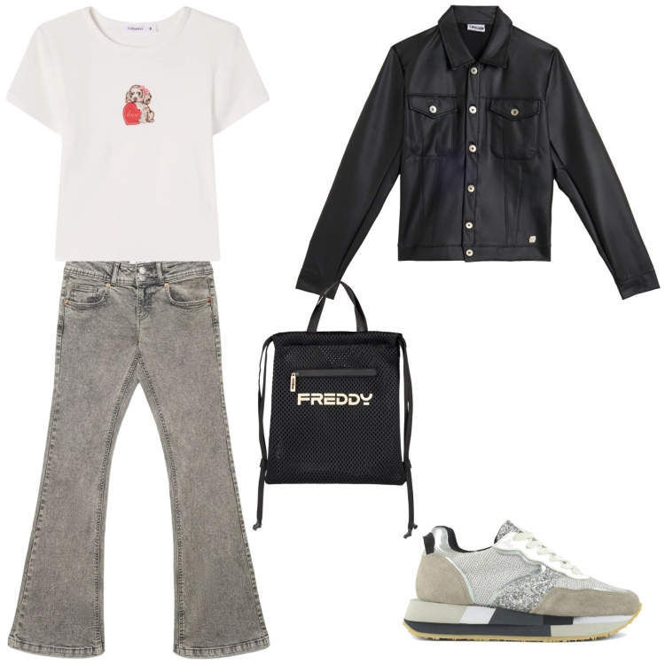 Outfit donna - Urban Grey & Leather Vibes. Stile Rock per Serata fuori. Abbinamento con t-shirt, jeans a zampa, giacche, zaini, sneakers.